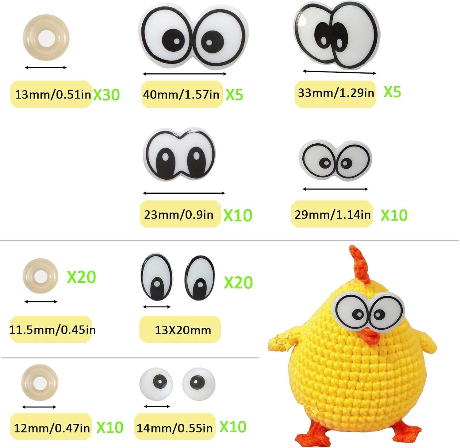 Zhbrchz 120pcs 14mm-38mm Plastic Safety Eyes Cartoon Eyes Crafts Safety Eyes with Washers for Amigurumi Crochet Bears Stuffed Animals DIY Clay Doll Making