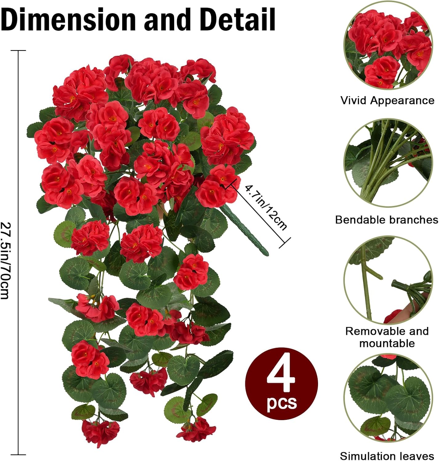 Zythrem 4 PCS Faux Geraniums for Outdoor Planters Artificial Hanging Flowers Spring Plants Decor Red UV Resistant Fake Hanging Flowers for Outdoor Porch Balcony Patio Yard Garden