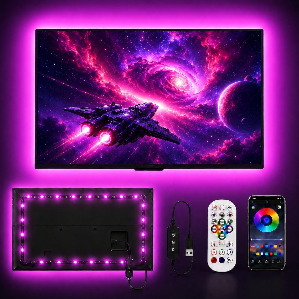 MORIACC 5.5m LED Lights for TV, TV Backlight for 45-75 Inch TVs, Music Sync RGB Colour Changing Strip Lights, Bluetooth App & Remote Control, USB Powered for Gaming Room and Home Cinema โ image 1
