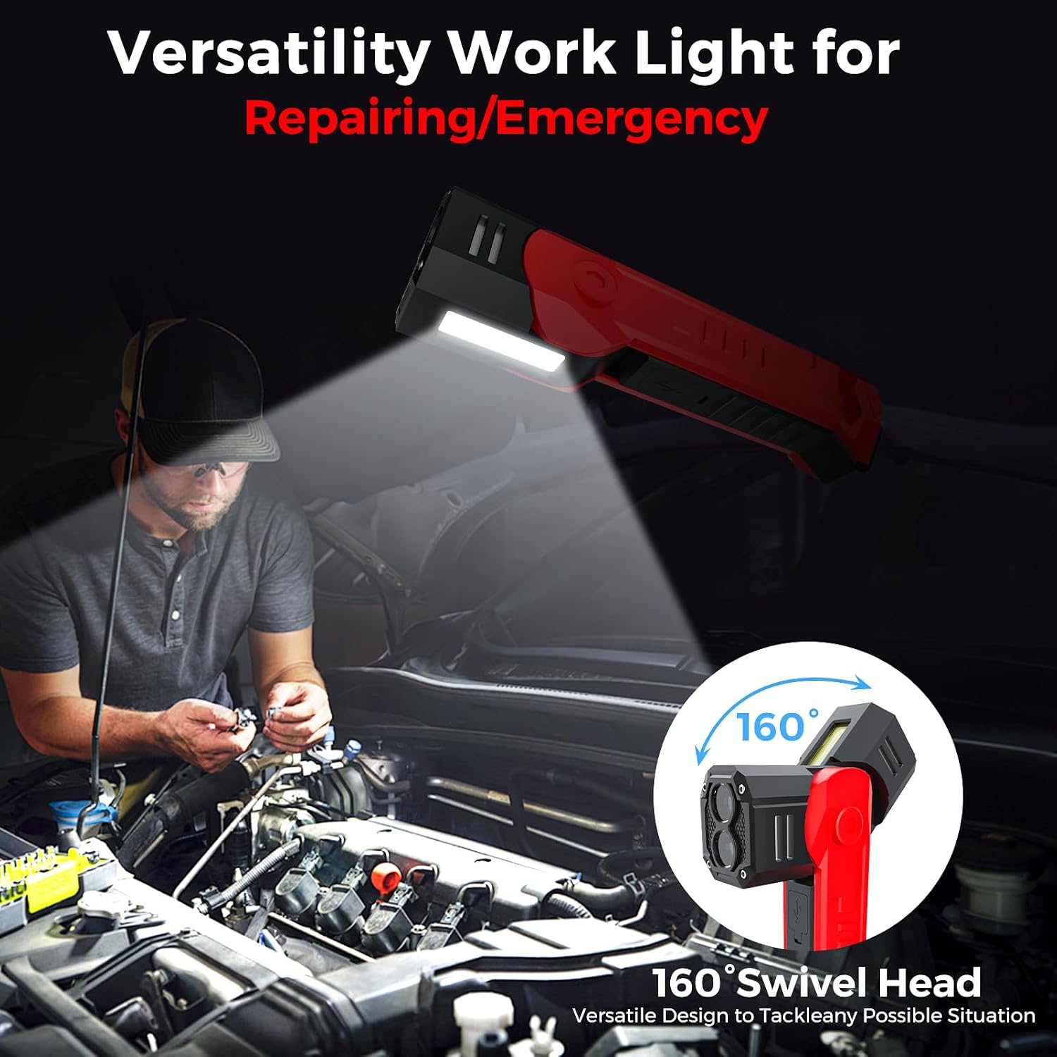 Work Light for Mechanic, Rechargeable 2500mAh LED Work Light with 160° Swivel Head and Magnetic Base, 7 Lighting Modes and Hooks, Portable Magnetic Flashlight for Car Repair, Inspection, Garage.