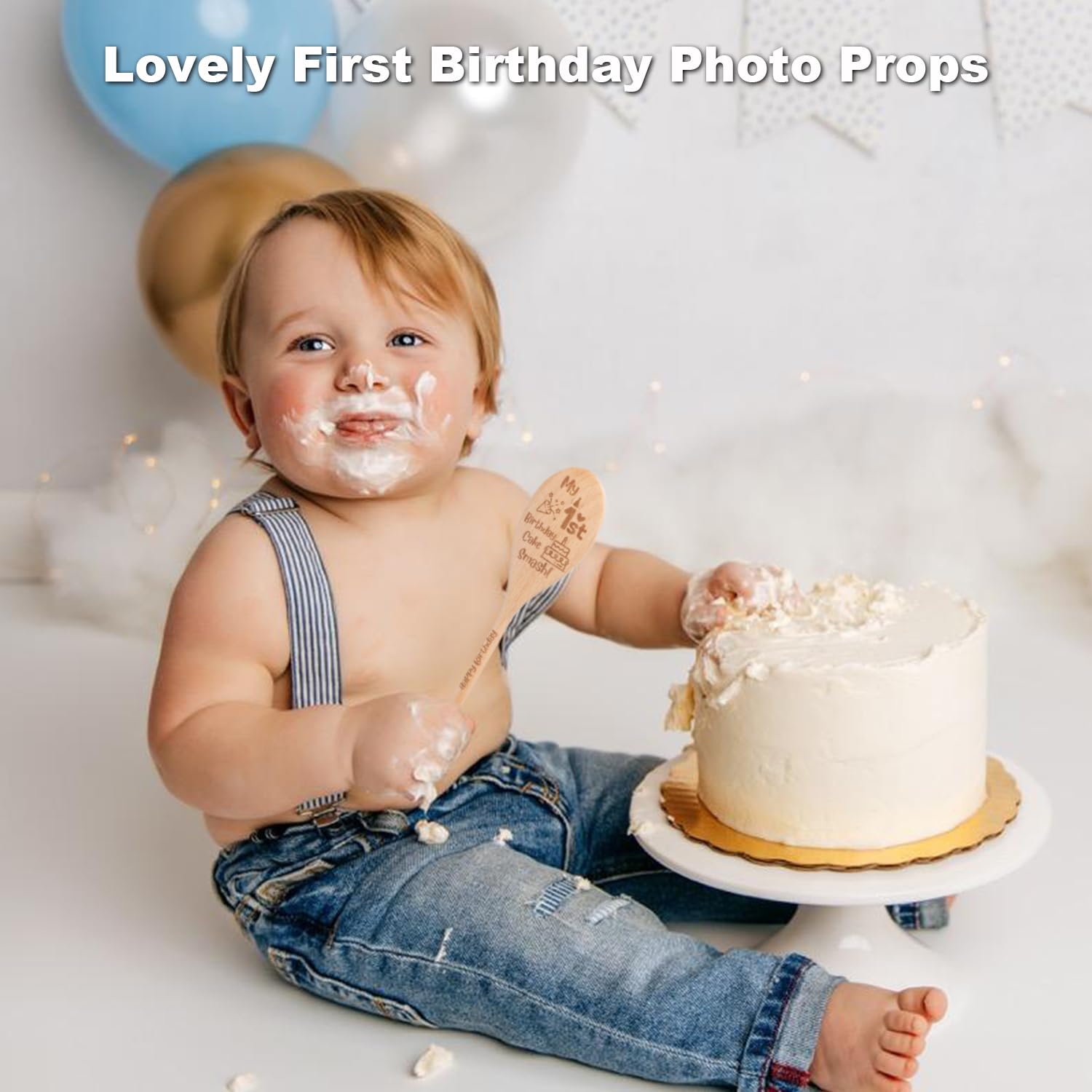 First Birthday Photoshoot Props Smash Cake Spoon Keepsak 1 Year Old Birthday Decoration Cake Smash Props 1st Photo for Baby Boy Girl Decor, Engraved Wood Spoon 10×2 in