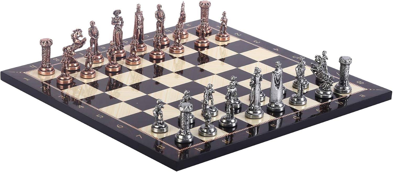Medieval British Army Antique Copper Metal Chess Set for Adults, Handmade Pieces and Walnut Patterned Wood Chess Board Kıng 2.75 inc