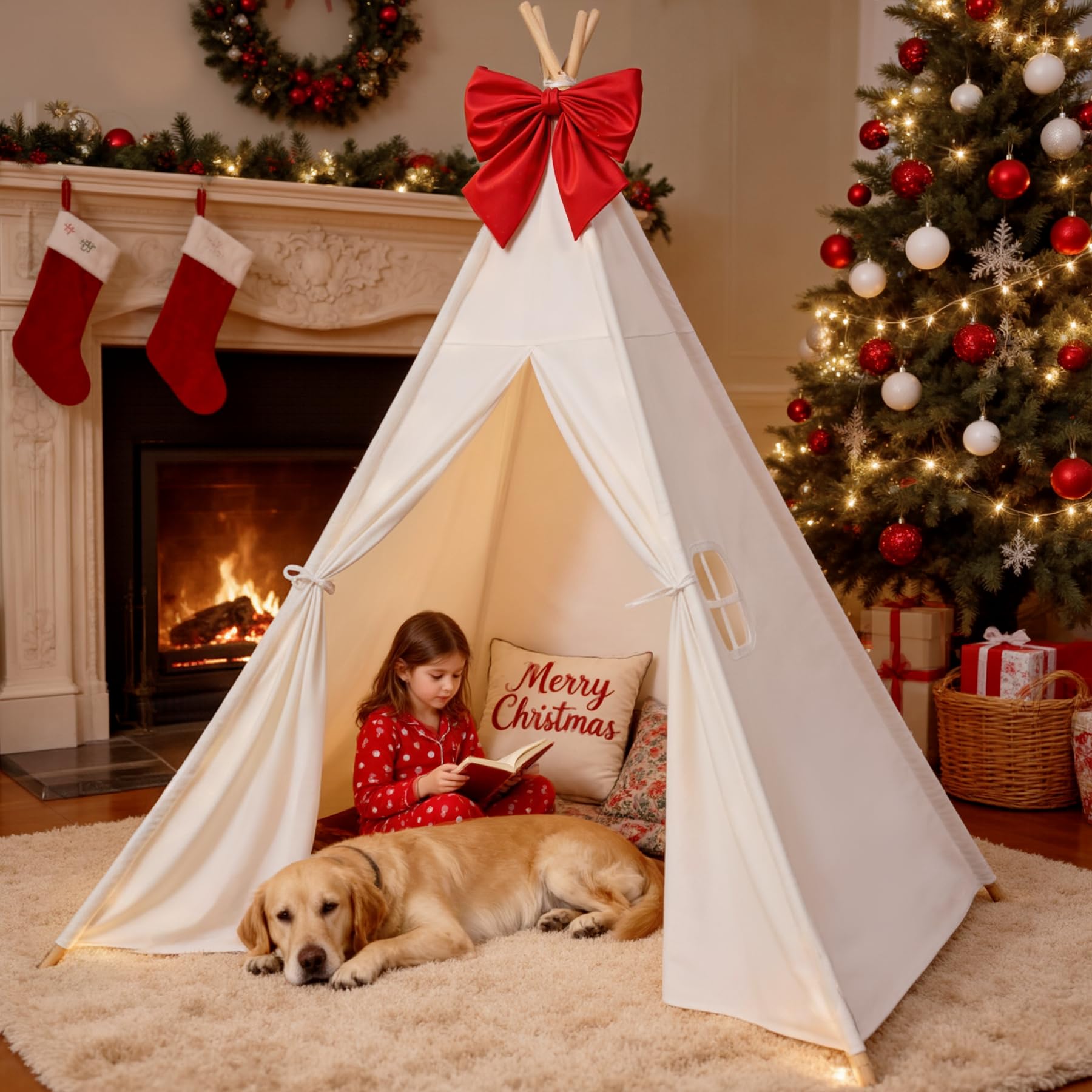 Betterhood 7' Large Teepee Tent for Adults, Play Tent with Carry Bag, 5 Sides Canvas Kids Teepee Tent Indoor & Outdoor Tents for Party, Wedding, Photo Prop, White - view 2