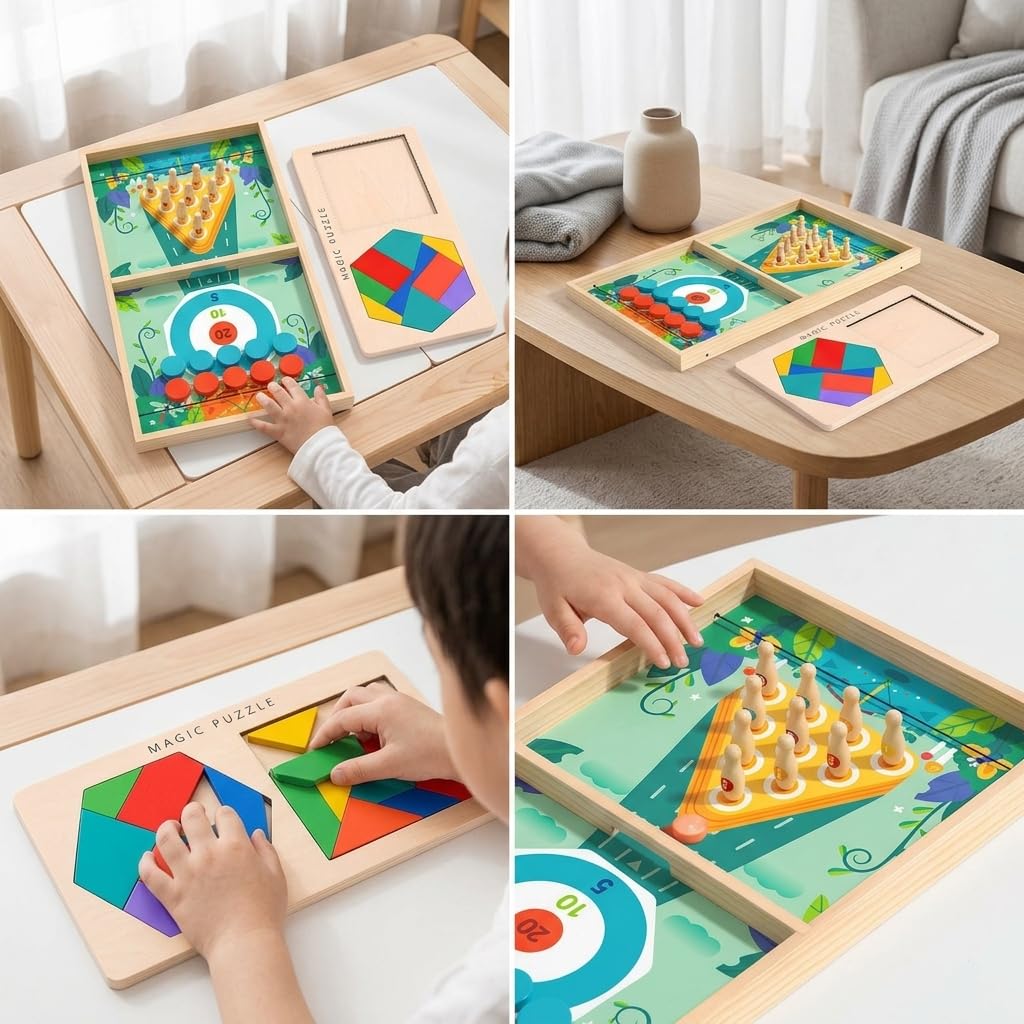 Holzbrettspiel, Geschicklichkeitsspiel für Kinder 3-12 Jahre, Familienspiel für 2 Spieler, Schnipp Chess Set & Zauber Puzzle