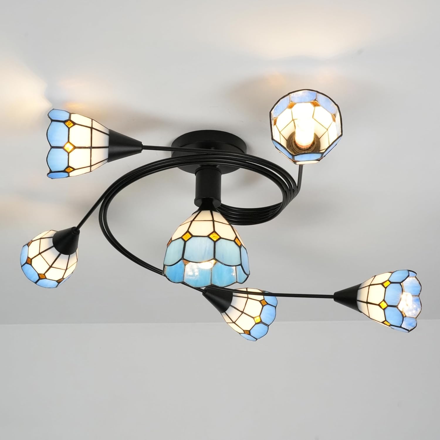 Tiffany Style Ceiling Light, Dome Shaped Stained Glass Flush Mount Ceiling Light, Retro Ceiling Lamp for Living Room Bedroom (B)