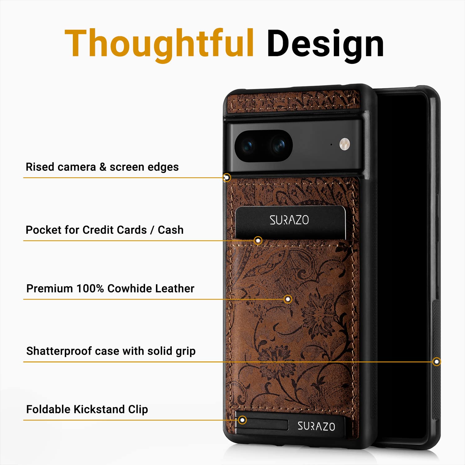 SURAZO Etui na telefon komórkowy z prawdziwej skóry premium do Google Pixel 7A – odporne na uderzenia skórzane etui na telefon komórkowy z przegródką na karty, funkcja stojaka, brelok do kluczy; etui
