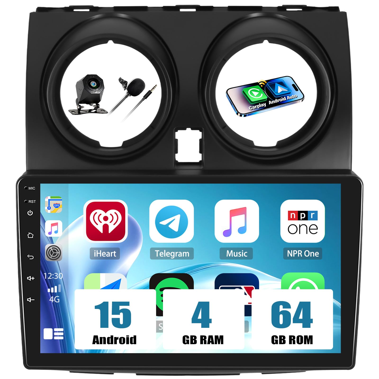 CAMECHO 4+64G Android 15 Autoradio 9 Pulgadas para Nissan Qashqai 2006-2016 con GPS WiFi, Inalámbrico Carplay Bluetoot Navi Radio HD Pantalla con Android Auto FM RDS EQ Espejo Enlace + Cámara Trasera