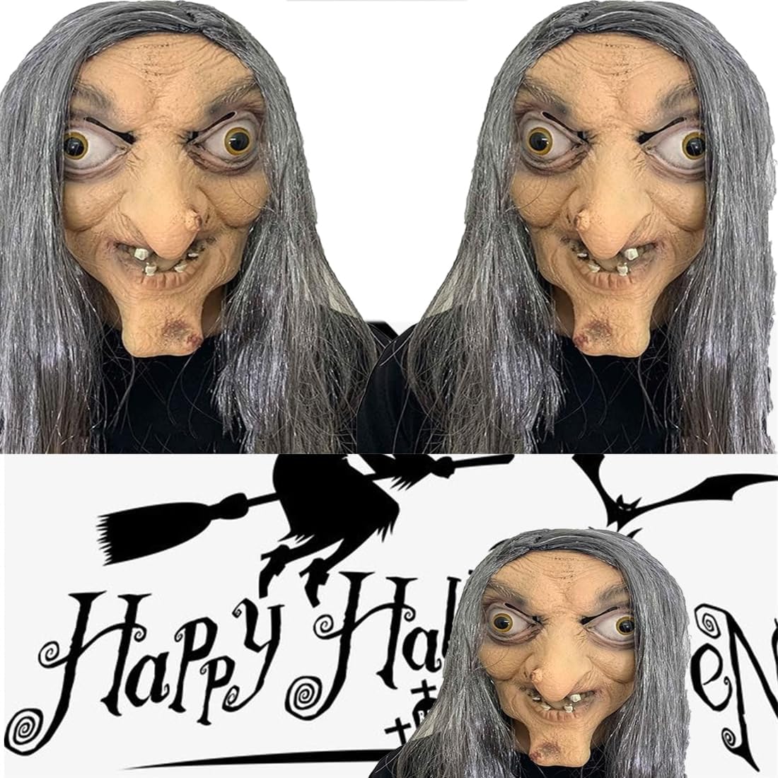 Utaomld Old Witch Mask with Logn Grey Wig Halloween Latex Scary Full Head Masks Adult Teens Women Horror Witches Cosplay Costume Headwear Party Props Skin Color