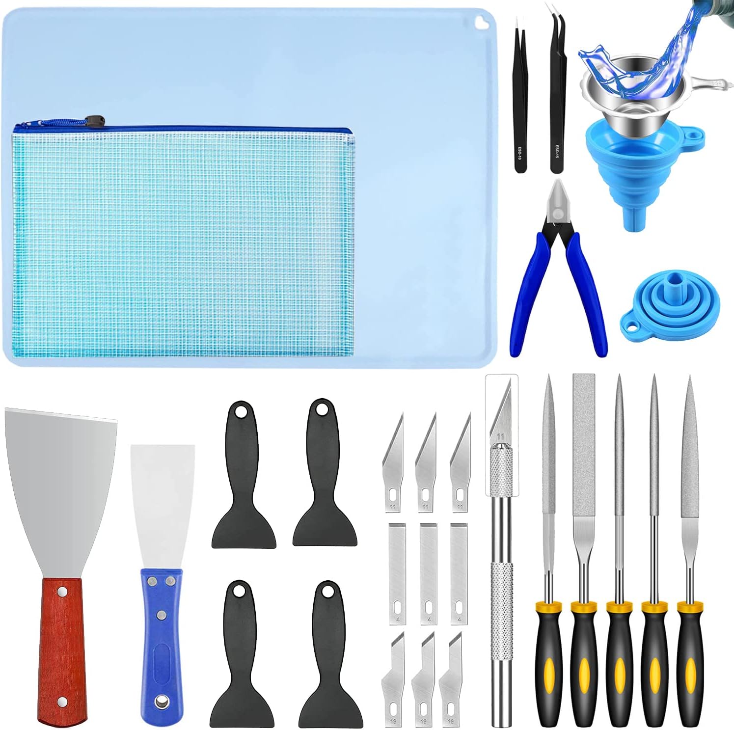 Resin 3D Printing Tool Kit Removal Tool Includes Silicone Pad, Tweezers, Files Set, Scrapers, Precision Knife and Pliers for 3D Print Cleaning Finishing