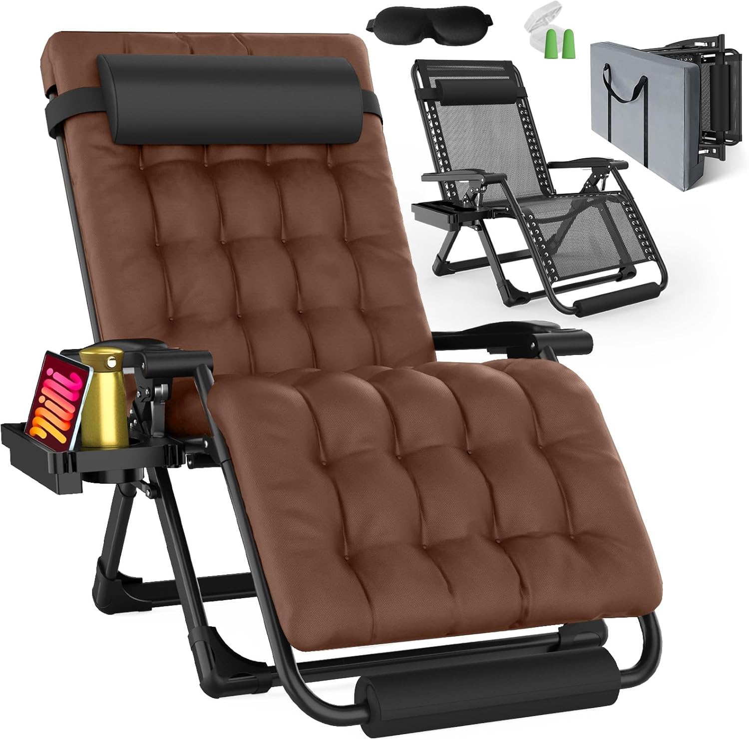 oversized zero gravity chair with cushion xxl, 33in padded lounge chair, recliner camping chair w/full-alu alloy lock, cushion, storage bag, footrest, cup holder, folding chair support 500lbs, brown