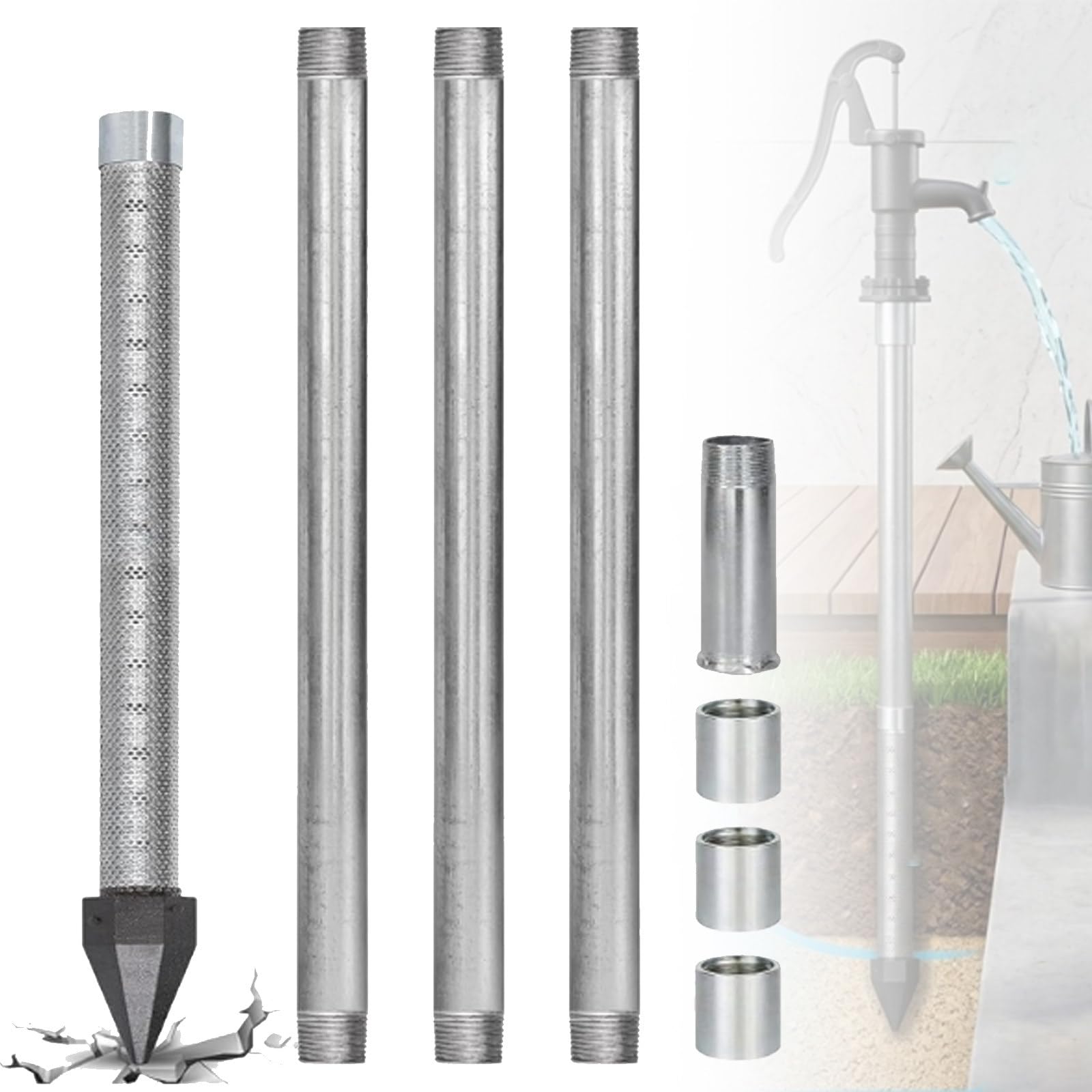 ZyKnaurral Heavy Duty Sand Point Well Kit, 1-1/4" Stainless Steel Water Well Drilling Kit, With 60 Gauge Mesh & 5 Galvanized Pipes, For Soft Soil, Loose Sandy Soil and Clay 4M-NoWaterPump
