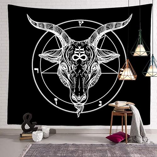 Miniatura 7 de Tapiz satánico de cabra demoníaca, símbolo negro, decoración para colgar en la pared, mandala indio, bohemio, hippie, trippy, tapiz grande para