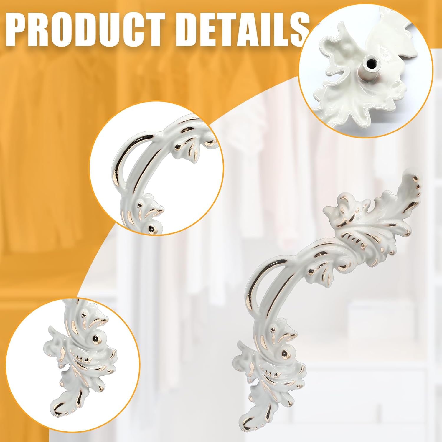 6 Pcs Vintage Cabinet Handles - Shabby Chic Furniture Drawer Pulls, European Style Antique Dresser Handles White & Gold Edge
