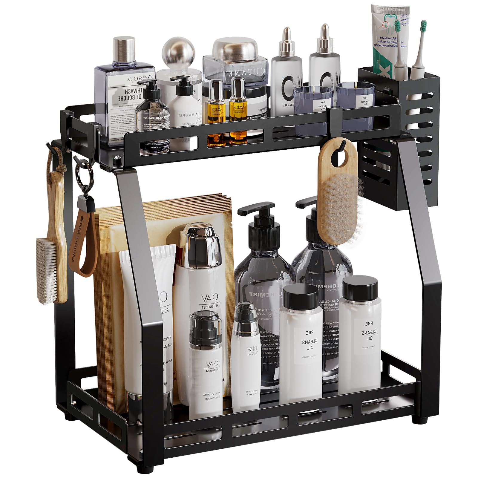 junyuan Bathroom Organizer Countertop,2 Tiered Tray Stand,Perfume Organizer Shelves with Toothbrush Holders,Bathroom Counter Storage Rack with Basket