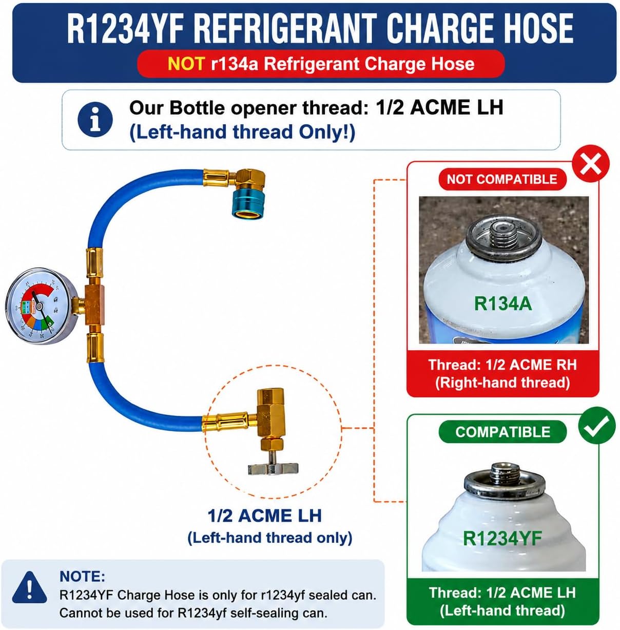 Ketofa R1234YF Refrigerant Charge Hose Kit, R-1234YF AC Refrigerant Can Hose with Gauge, 1/2 ACME-LH Sealed Can Opener Tap and R1234YF Low Side Adapter