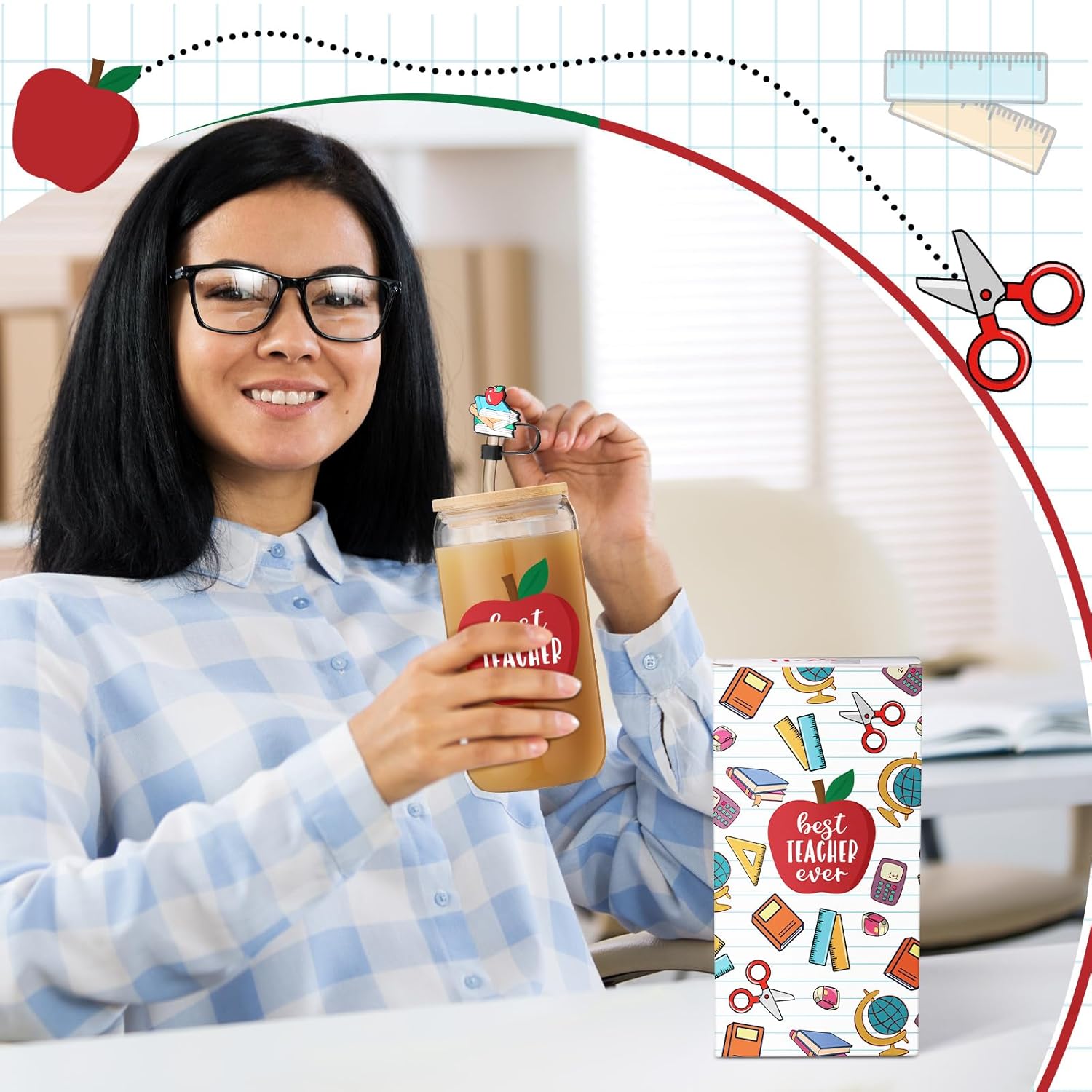 Nuogo Teacher Appreciation Gifts for Women Iced Coffee Cup 16oz Glass Cup with Straw Stopper and Sleeve for Teacher's Day with Thank You Gift Box(Apple) - Image 5