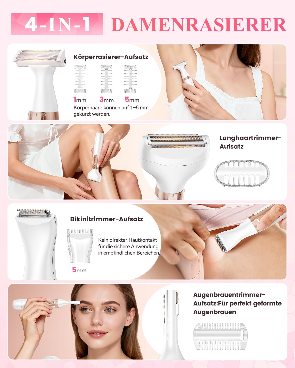 ANLAN Elektrischer Damenrasierer 4 in 1, Intimrasierer Damen & Bikini Trimmer, USB-C Wiederaufladbar, IPX6 Wasserdicht für Nass & Trockenrasur, Körperrasierer für Beine, Achseln, Gesicht & Augenbrauen