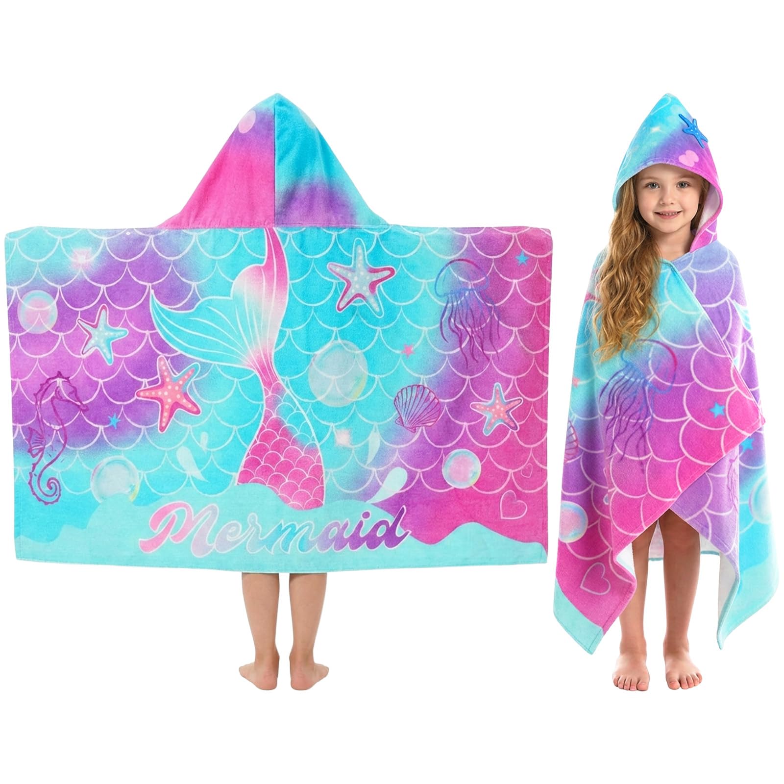 PinkSheep Hooded Towels for Girls, 100% Cotton Swimming Towels for Kids, 75 x 127cm Beach Towel for Pool Bath Swim Girls Age 3-6 Years (Mermaid)