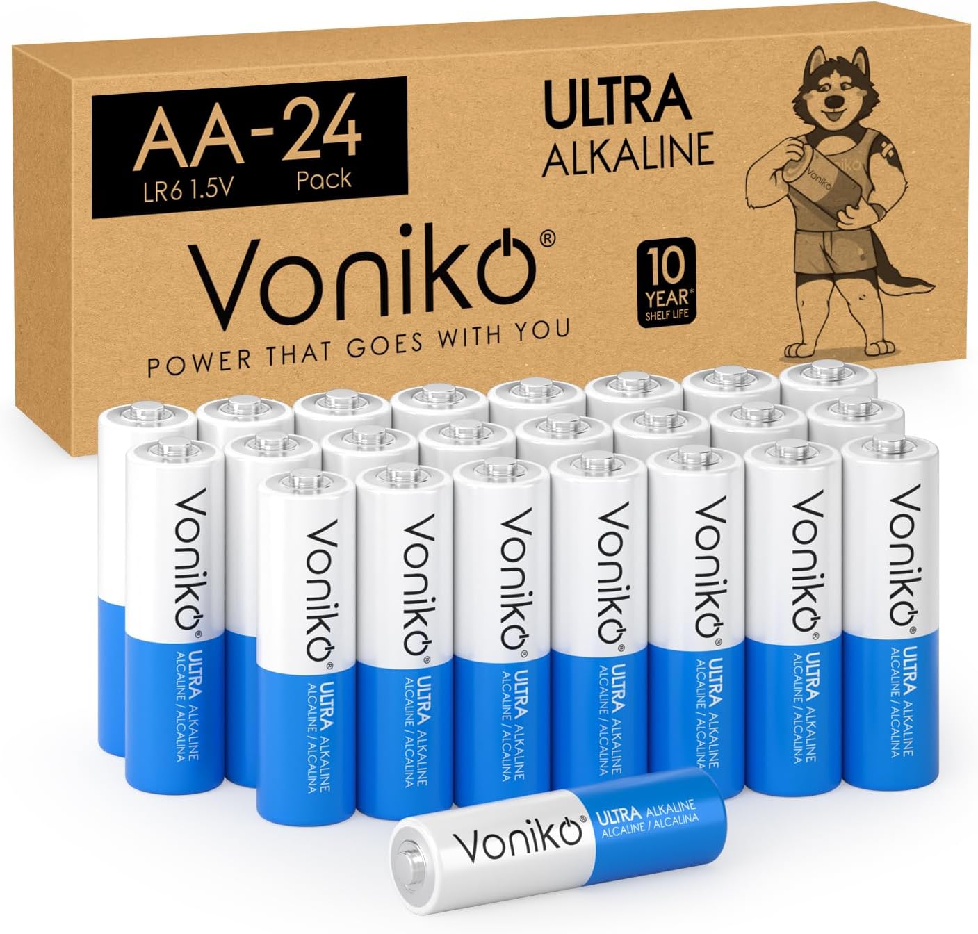 - Voniko - Premium Grade AA Batteries - (24 Pack) - Alkaline Double A Battery - Ultra Long-Lasting, Leakproof 1.5v Batteries - 10-Year Shelf Life