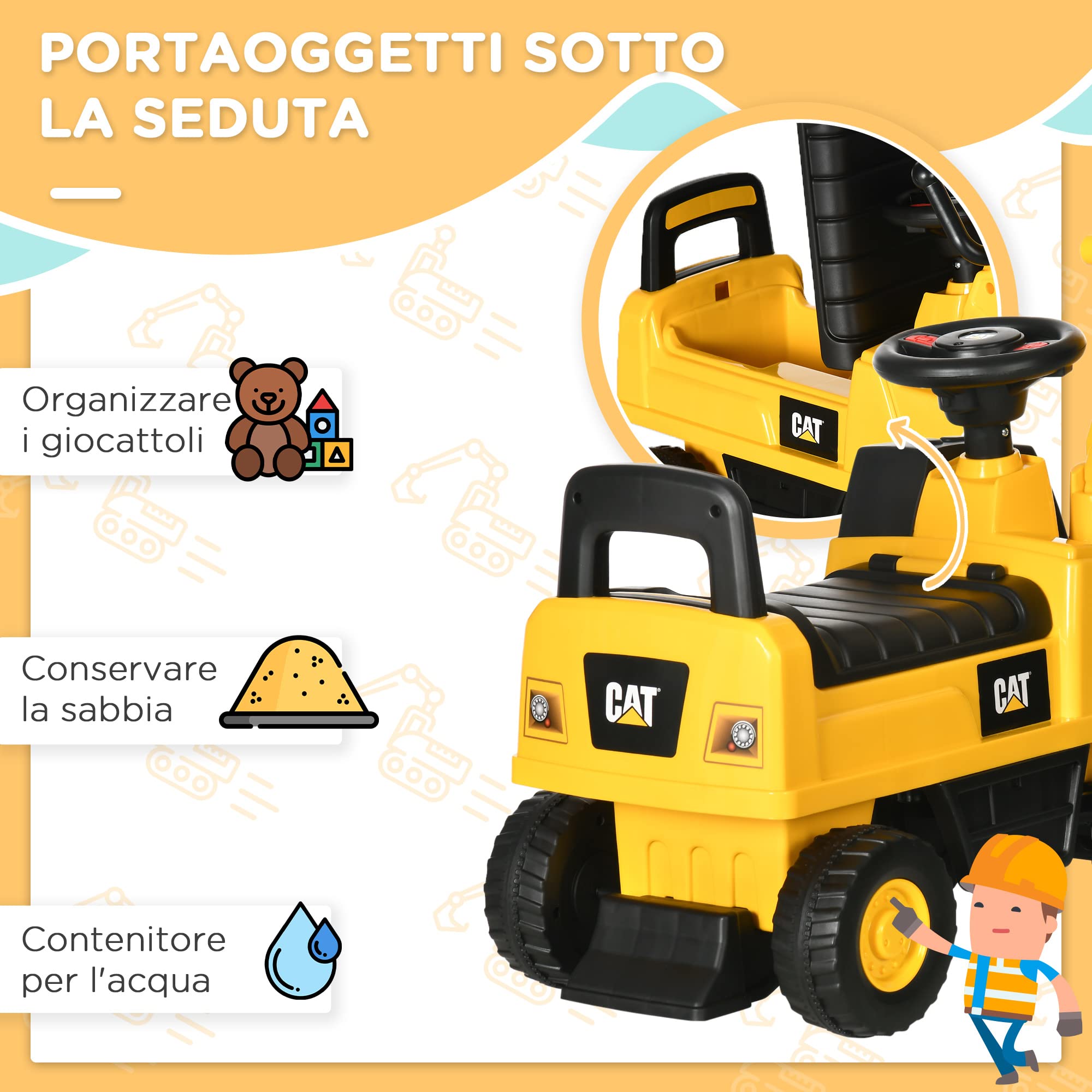 HOMCOM Ruspa Giocattolo con Licenza Caterpillar e Vano Contenitore, Escavatore Giocattolo Cavalcabile per Bambini da 1-3 Anni, Senza Batteria, Giallo