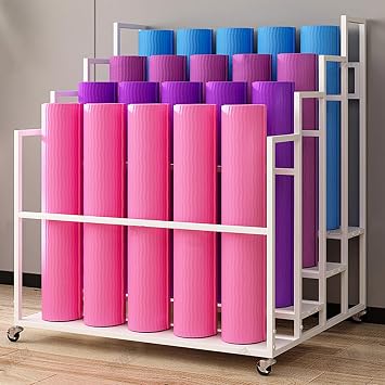 Yoga Mat Storage Rack Foam Roller Holder, Gym Sports Equipment Storage Rack Home Exercise Fitness Gear Organizer, Workout StorageRolling Workout Storage Cart Exercise Mat Storage Shelf