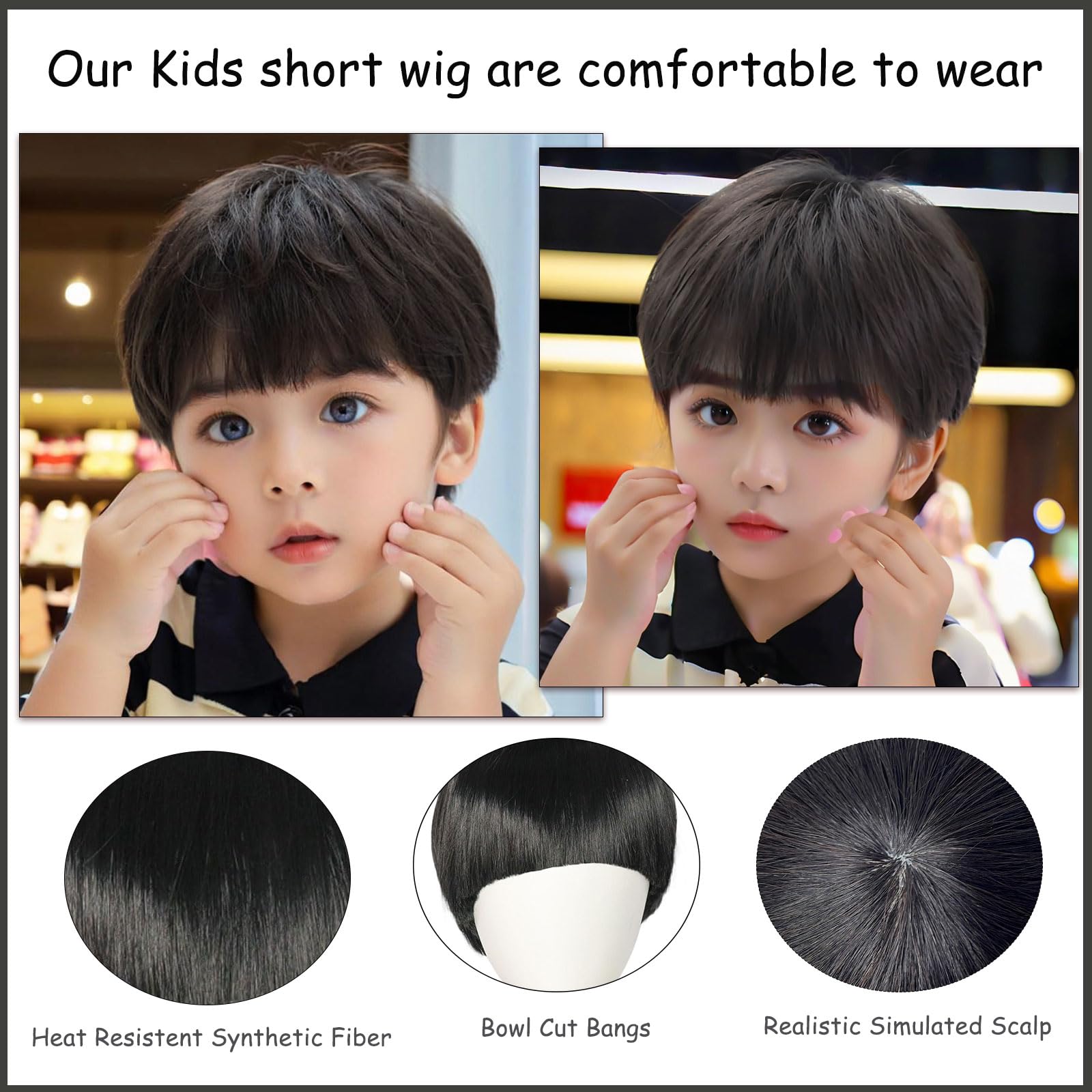 FOUNSHO Bowl Cut Wig For Kids Costume Child Funny Wig Short Black Full Bang Straight Mushroom 60s 70s 80s Bob Nerd Hairs for Boys Girls Daily Halloween Fancy Dress Party World Book Day Cosplay (Black) - Image 4