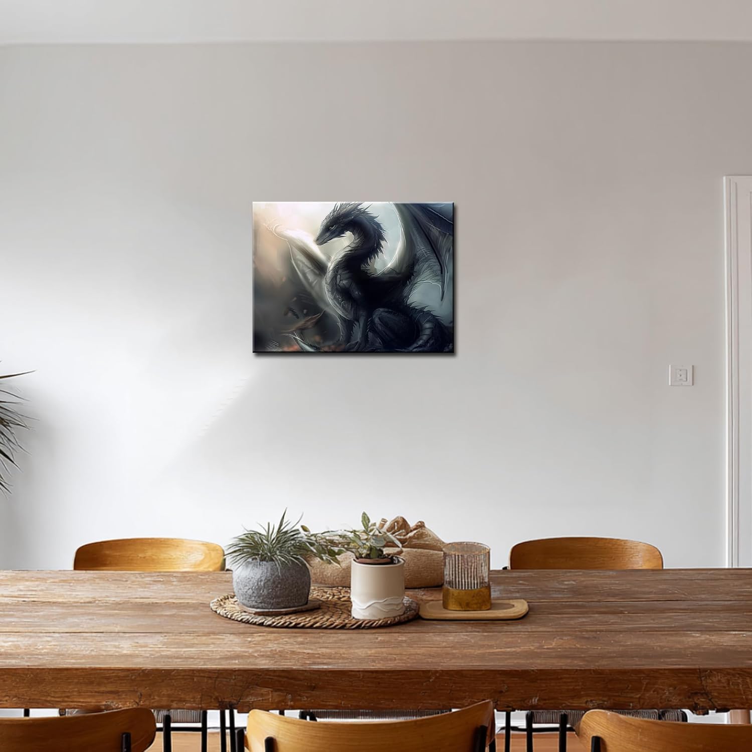 arnlrdya winged dragon wall art fantasy dragon canvas prints black dragon wall decor painting for home men boys living room decoration poster with frames ready to hang(16''wx12''h)