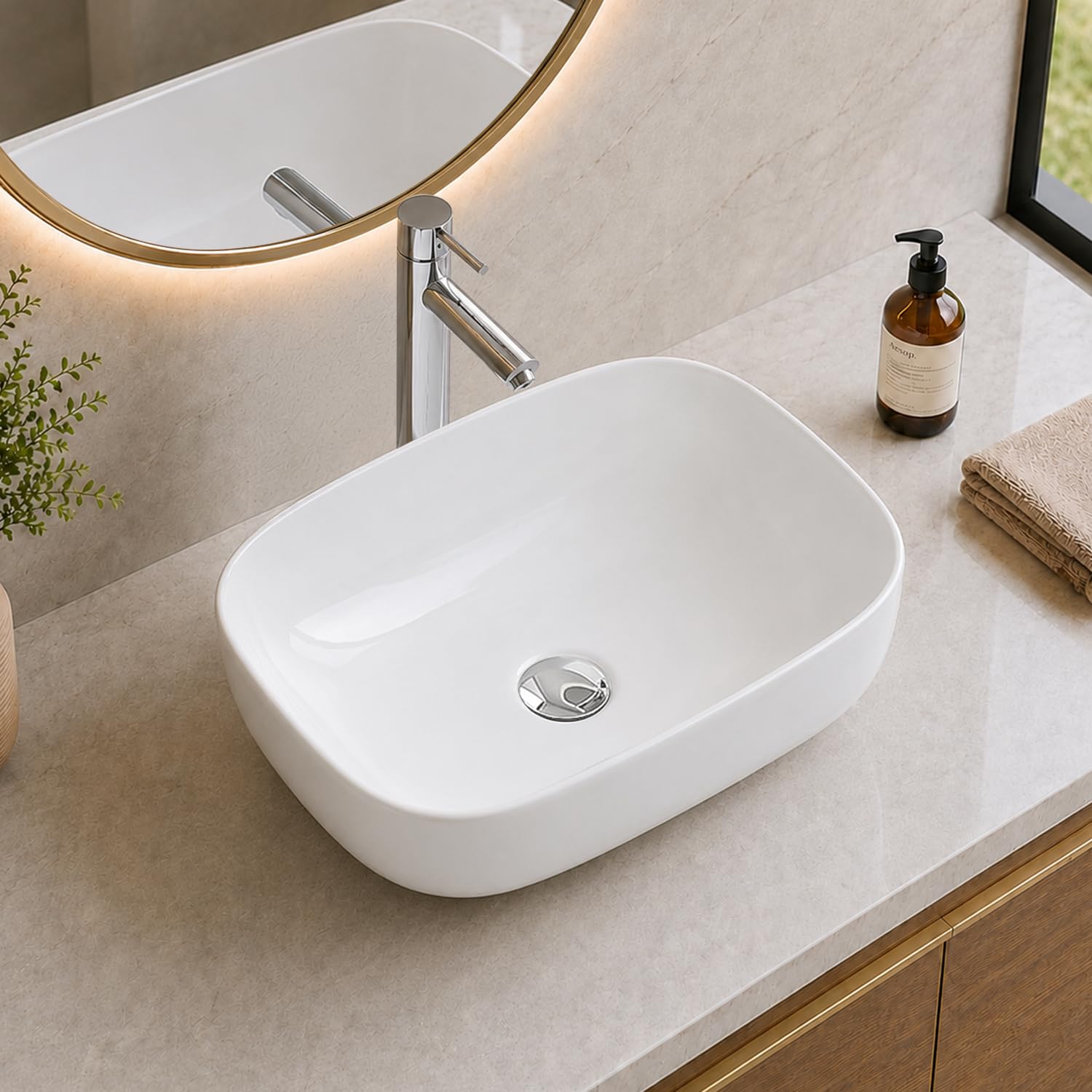 Belofay White Counter Top Bathroom Sink Basin – Modern Ceramic Wash Basin With Scratch-Resistant Gloss Surface – Sink Basins For Cloakroom,Vanity Cabinet And Bathrooms (Oval 3)