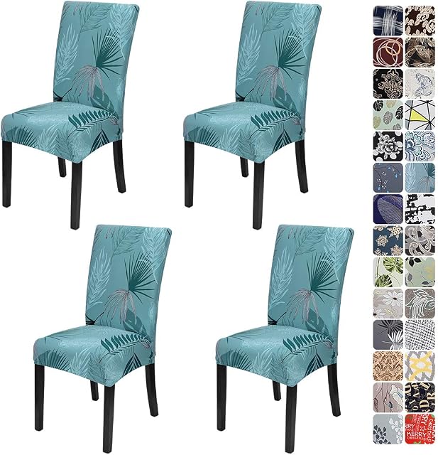 JOTOM Stretch Modern Dining Chair Covers Chair Protector Removable Soft Spandex Dining Chair Slipcovers for Hotel Party Wedding Dining Room Kitchen (Leaf A, Pack of 4)
