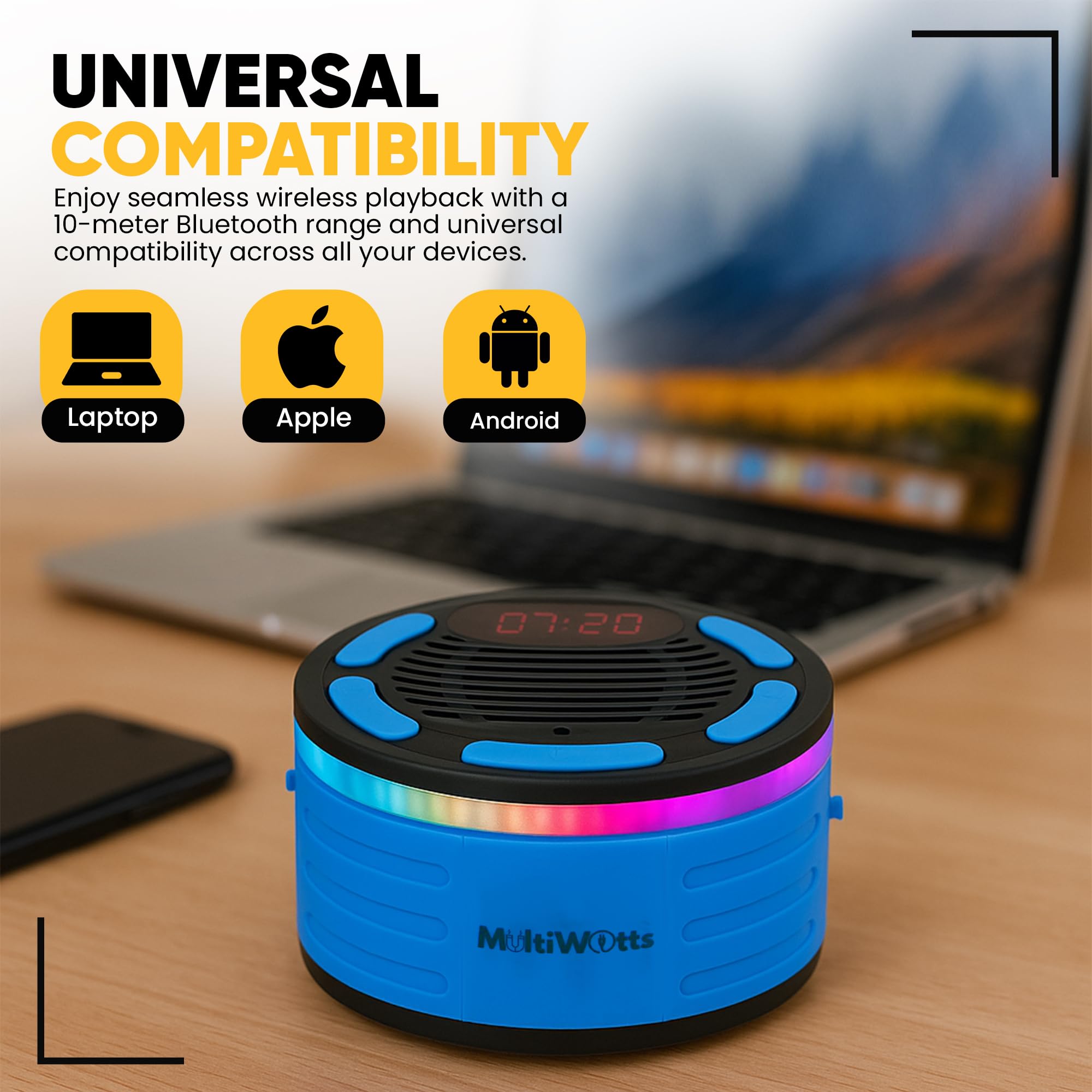 Altoparlante Bluetooth portatile impermeabile con aspirazione, moschettone, supporto per bici, cavo da 2 m, luci LED, TWS, orologio Digi, IP67, 12 ore di riproduzione, suono stereo, doccia