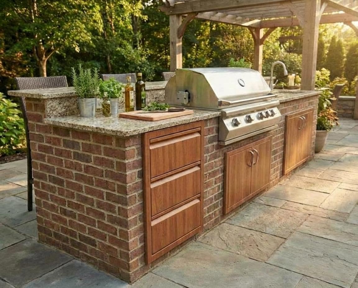 GarveeLife Outdoor Kitchen Drawers, 14.7" w x 24.5" h x 18.5" d Flush Mount Triple Drawers, 304 Stainless Steel Triple BBQ Drawer for Indoor Outdoor Kitchen Island, Patio Grill Station, Brown Grain