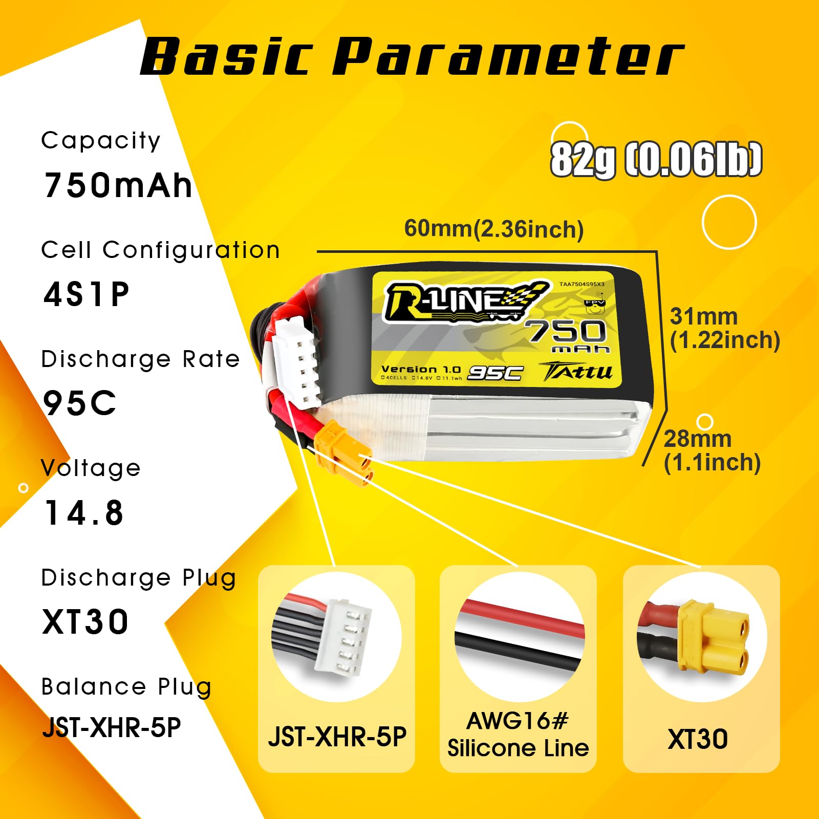 TATTU 4S 750 mAh 14,8 V 95C 4S1P Lipo akumulator z wtyczką XT30 do FPV Racing Quadrocopter 100 180 rozmiar