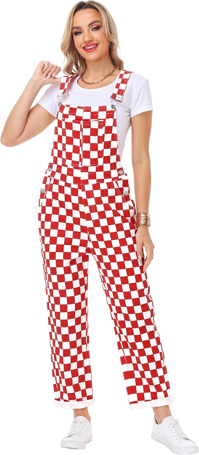 Womens Checkered Bibs Overalls Cotton Denim Coveralls Stretch Jeans Jumpsuit - Image 5
