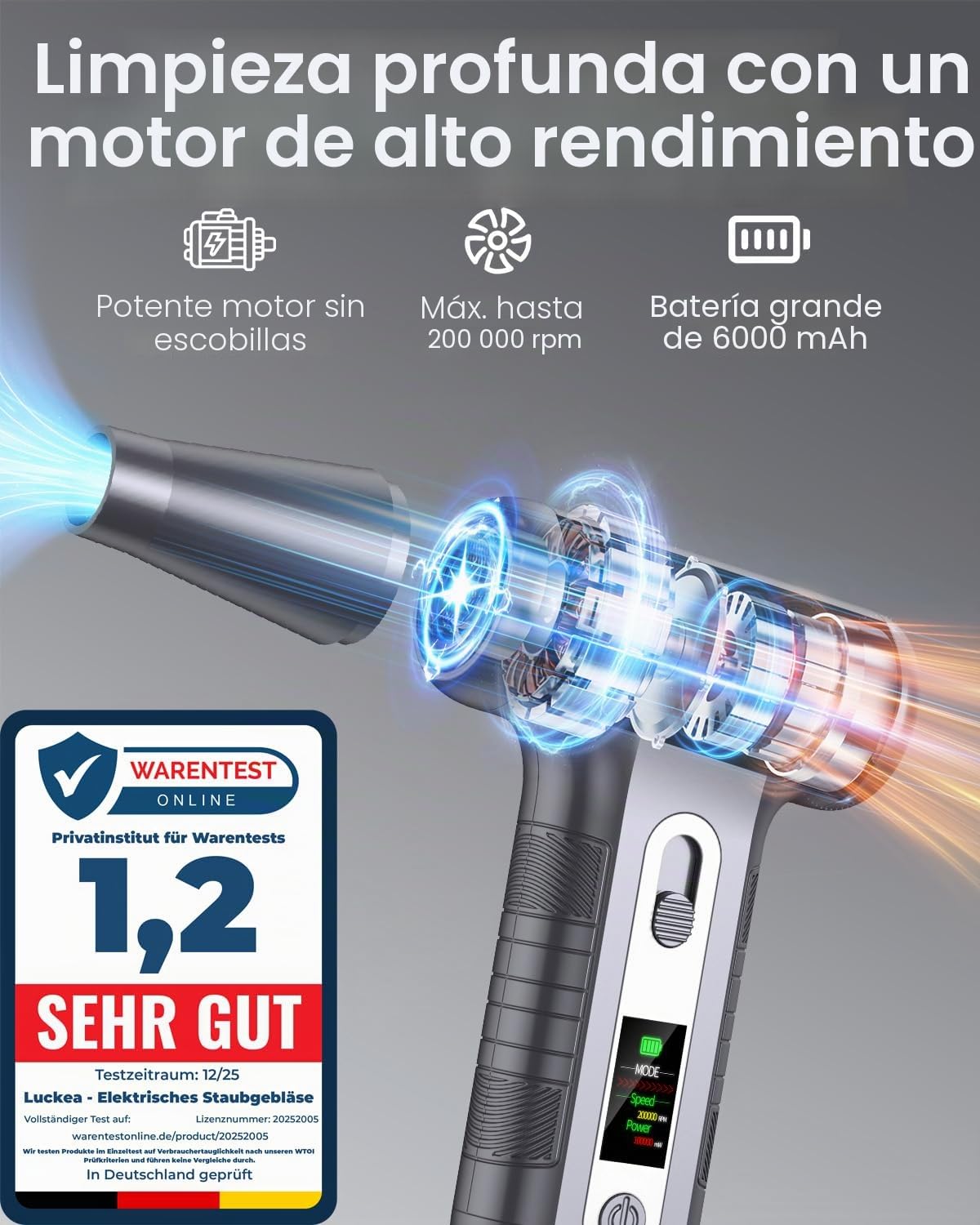 Soplador de Aire Potente con Pantalla Digital HD - Air Duster 200000 RPM con Luz LED, Batería 6000 mAh, Aire Comprimido Limpieza PC, Coche, Oficina, Sustituto de Spray Aire Comprimido, W06-Plata