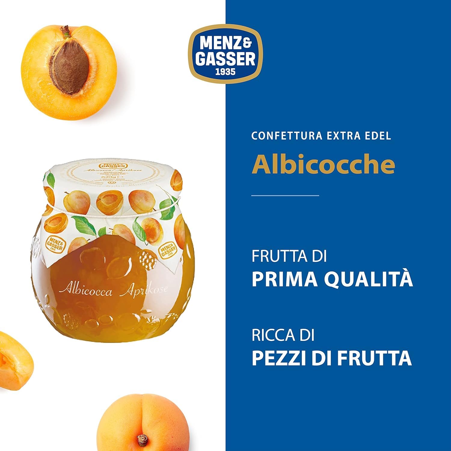 Italian Gourmet Menz&Gasser Confettura Extra di Fragole Edel und Aprikosenkonfitüre, Premium Erdbeer-Konfitüre mit Fruchtstücken, 6 Gläser à 620 g+ Italian Gourmet Polpa 400 g