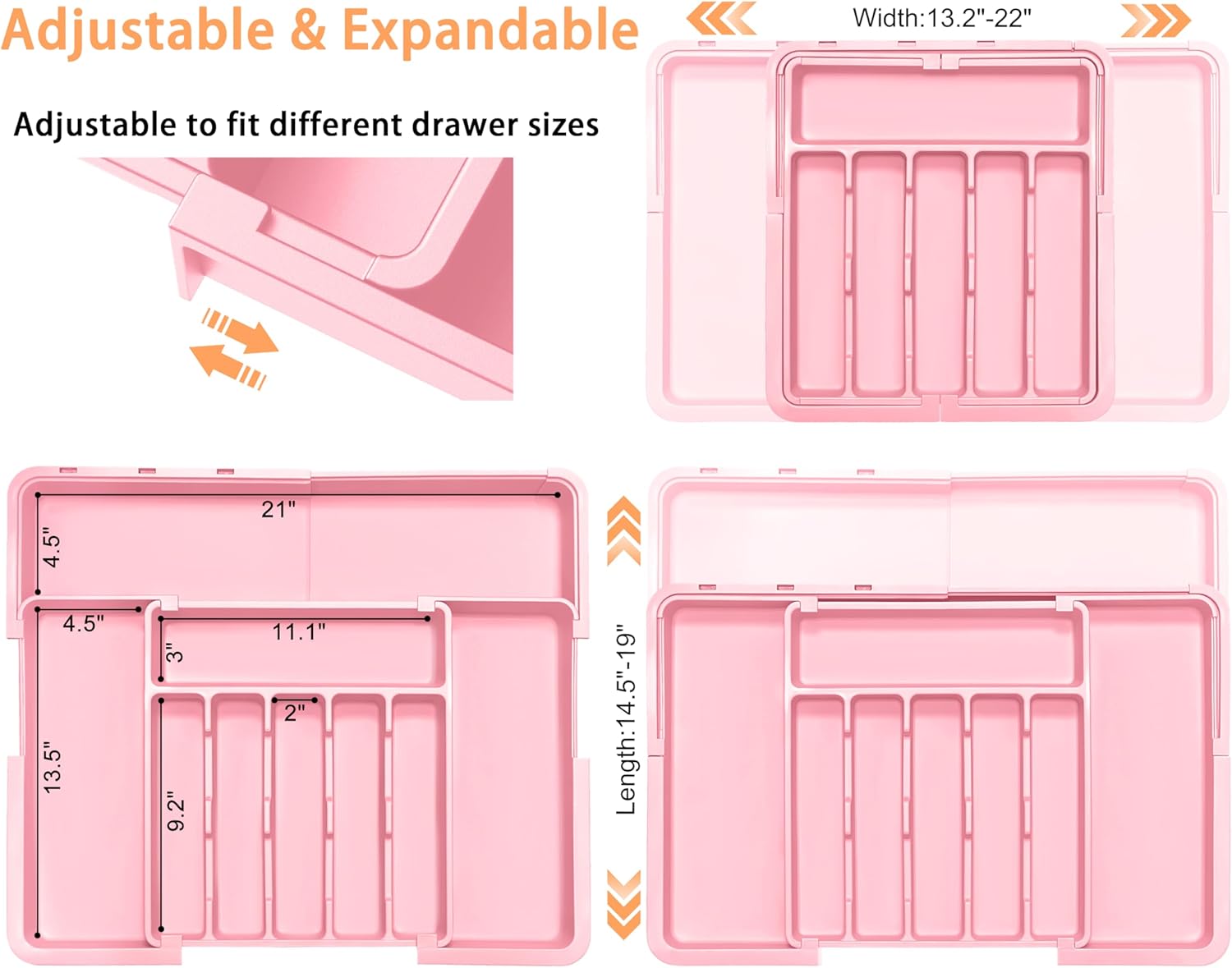 Spaclear Silverware Organizer Expandable Kitchen Utensil Drawer Organizer Large BPA Free Adjustable Cutlery Silverware Tray for Spoons Forks Knives Storage Divider for Kitchen Flatware 6-9 Slots Pink