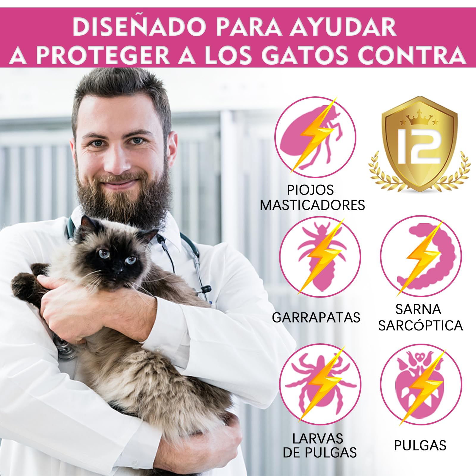 Collar Antiparasitario Gatos, Natural Collar Antipulgas Gatos, Protección Impermeable de 12 Meses, Ajustable 48 cm