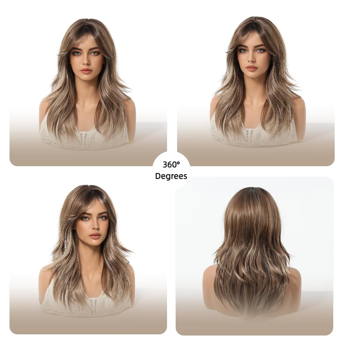 Highlighted Golden Brown Long Straight Human Hair Wigs Middle Part With Bangs Layered For Women Stylish Party Use Heat Resistant (Highlighted Golden Brown,24inch)