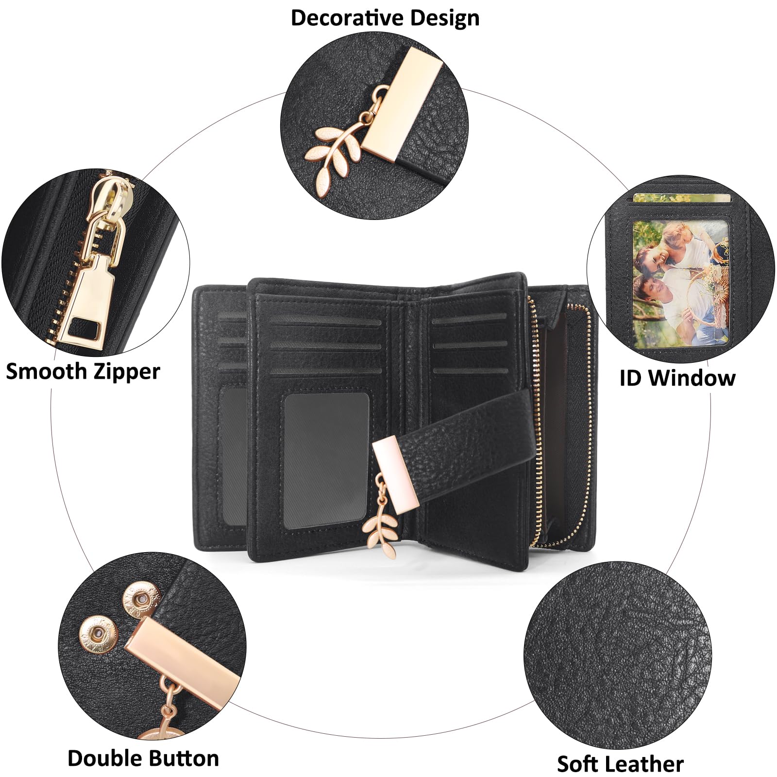 REETEE Portafoglio Donna Piccolo in Pelle PU, Portafogli Corto con Protezione RFID, Portafoglio da Donna con Cerniera Portamonete e 19 Scomparti per Carte (nero)