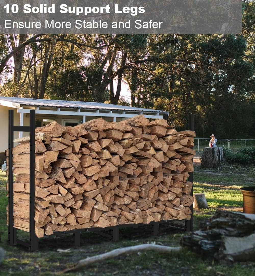 8ft Firewood Rack Outdoor Adjustable Heavy Duty Wood Rack Fire Wood Holder for Indoor Storage Fireplace Metal Lumber Organizer Stand Stacker, Black