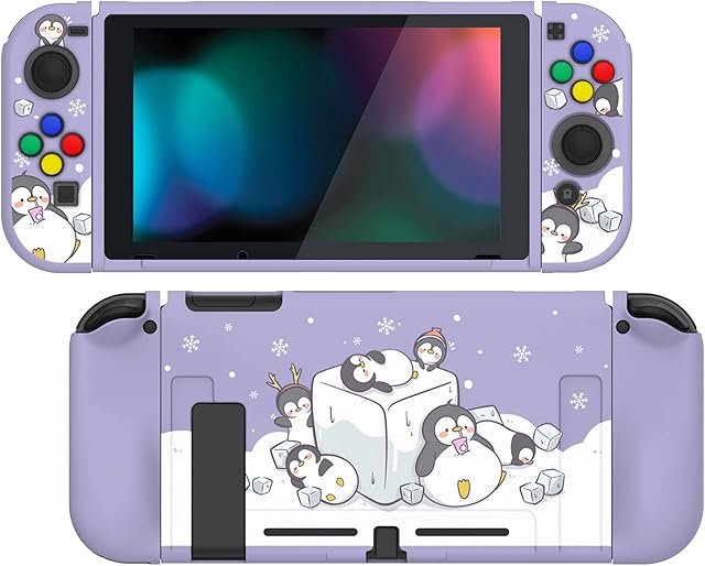 PlayVital Miękkie Etui Ochronny TPU Slim na Switch Konsolą,Joycon Grip Cover do Switch,Obudowy Protective do Switch z Nakładki Kierunkowe & Czapki Przycisków ABXY-Pingwin Icy Cube