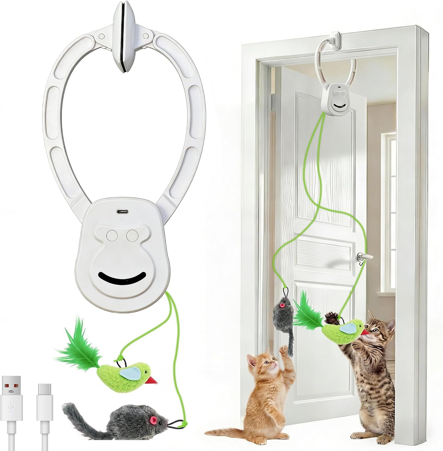 Interactive Cat Toys for Indoor Cats, Dual Modes Automatic Hanging Cat Toy with Quiet Motor, USB Rechargeable, Flying Bird Feather Mouse Toy for Kittens, Bored Adult Cats & Multi-Cat Households