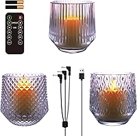 Vista 2 de Juego de velas LED recargables sin llama, cristal transparente, cera real, parpadeo blanco cálido, control remoto y temporizador, decoración