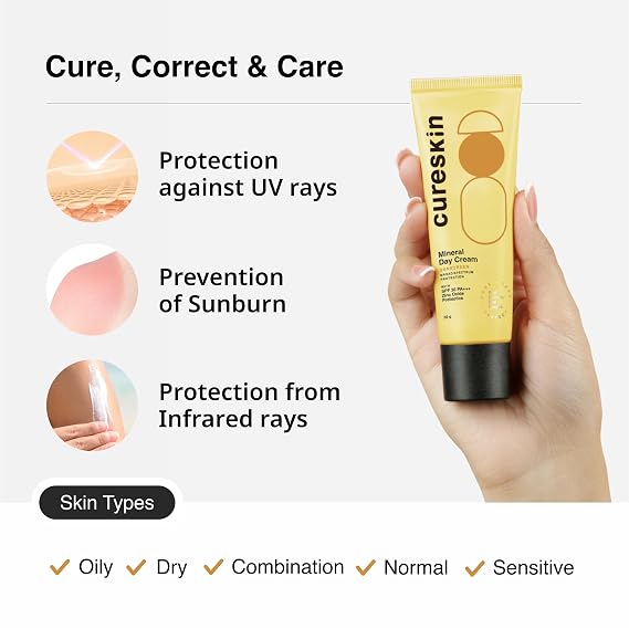 Cureskin Mineral Day Cream Sunscreen Matte Finish SPF 30 PA+++ | Broad Spectrum Sun (UVA, UVB & IR) Protection | Zinc Oxide with Prebiotics, 50 g (Pack of 1)