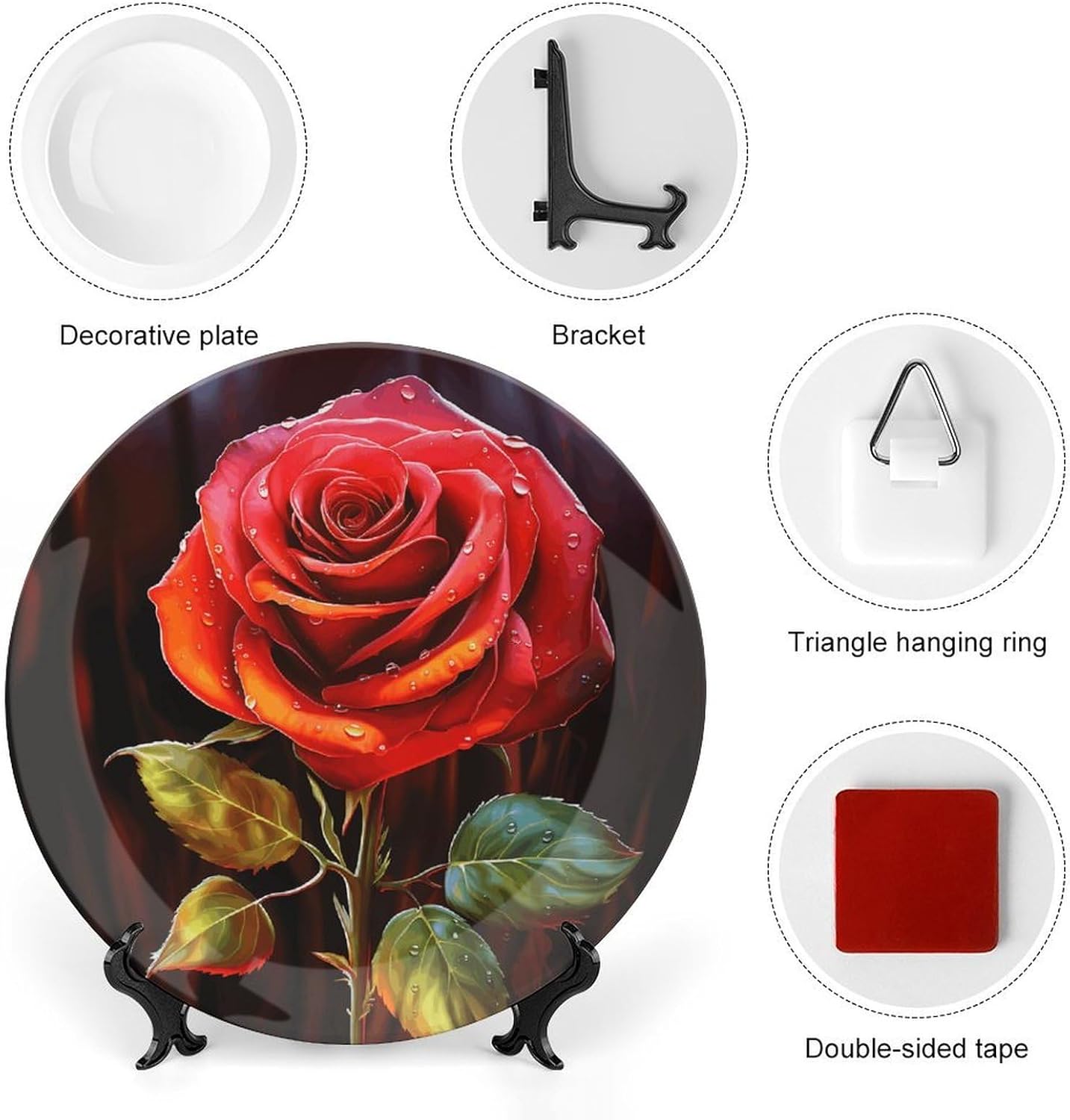 Red Rose Art Decorative Plates for Display Round Porcelain Plate Living Room Table Ceramic Hanging Decorative Plate Art Decor for Living Room Table with 1 Display Stand 8inch