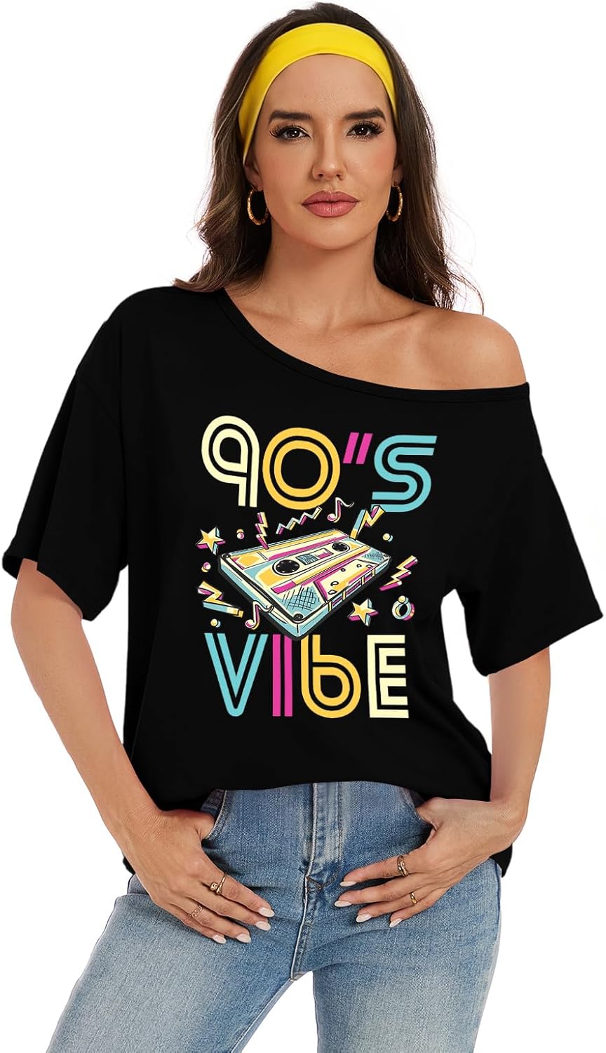 80s Shirts for Women Oversized Retro Off The Shoulder Top Disco 80s 90s Theme Party Outfit - Image 2