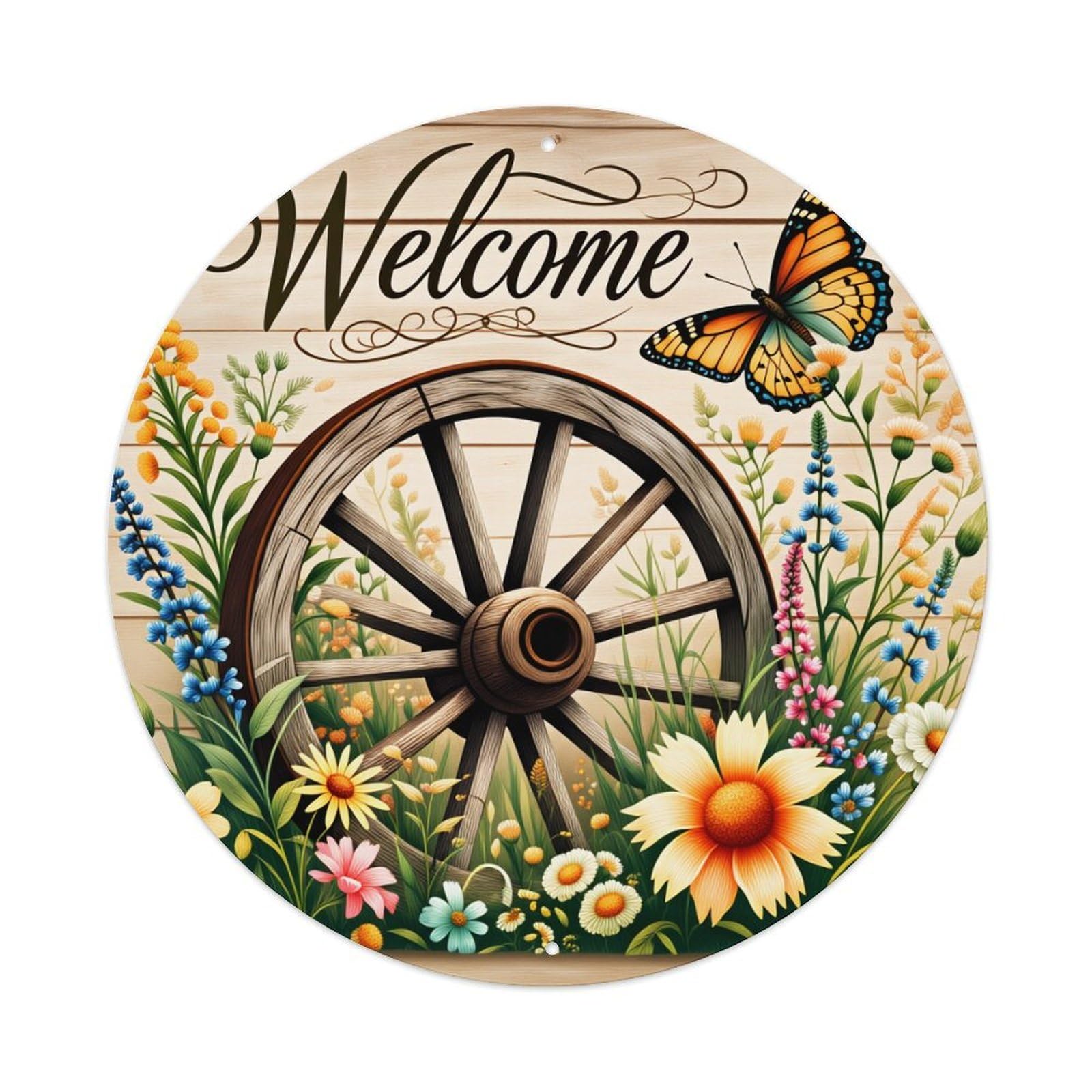 Welcome Wheel Flowers Butterfly Garden Round Tin Sign Vintage Metal Poster Retro Bar, Home, Man Cave, Kitchen, Laundry Room Wall Art Decor Gift 8x8Inch