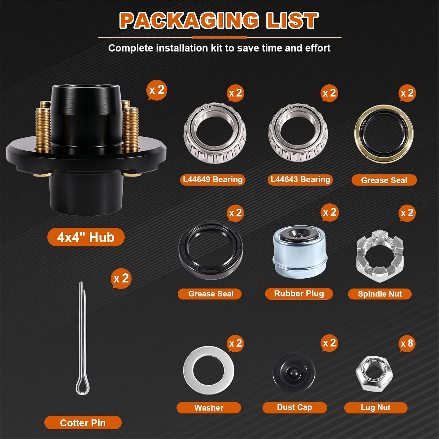 4 Lug Trailer Hub Kit for 2000 lbs, 4 Bolt 4", 2 Sets Heavy Duty Boat Idler Trailer Hub, Fits 1" and 1"-1/16" Axles, Premium Trailer Hub Assembly (only for Straight Spindle)