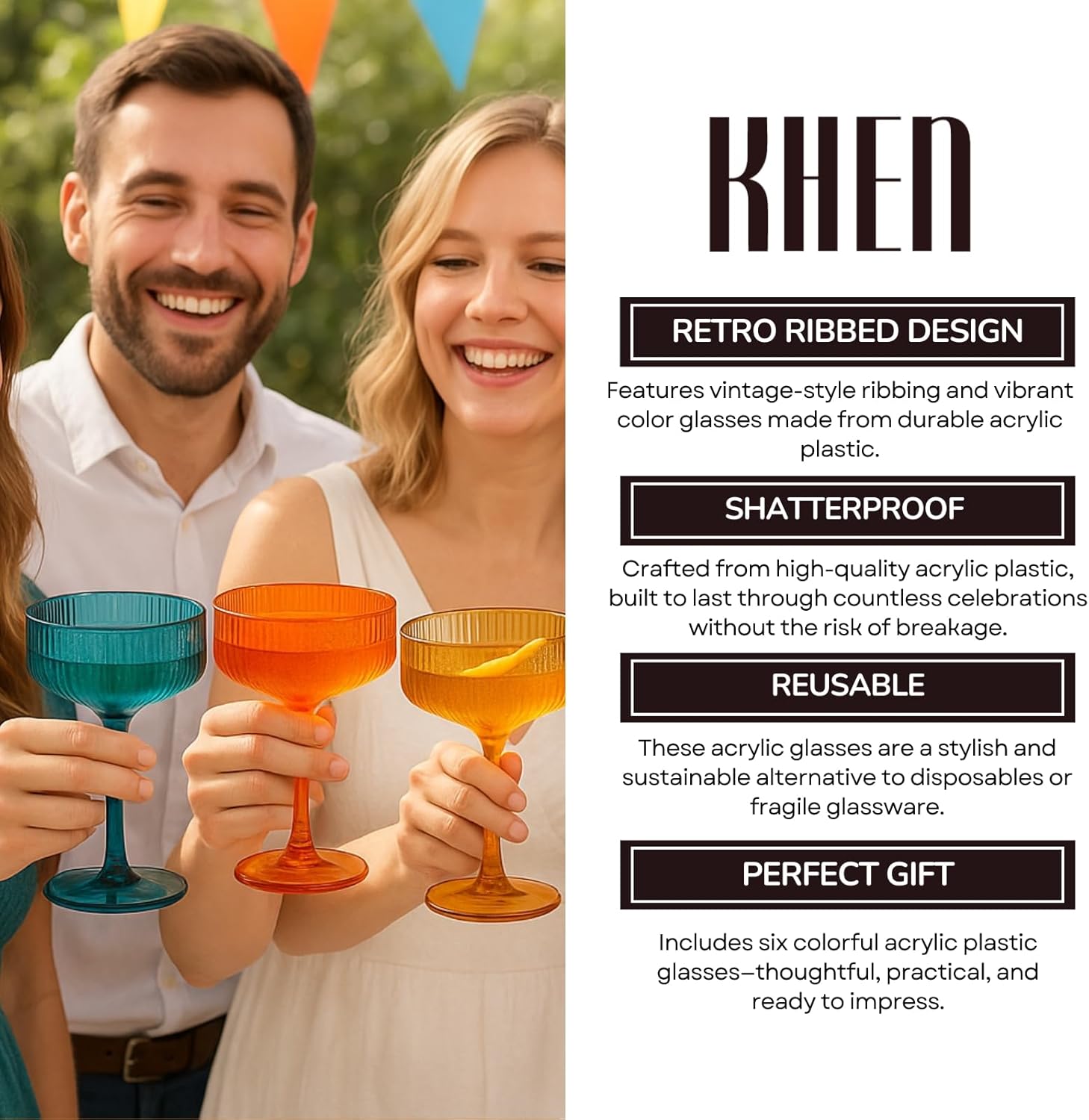 Khen Plastic Acrylic Ribbed Vintage Art Deco Martini, Champagne & Cocktail Retro Color Shatterproof Coupe Glasses | Set of 6 | 8 oz Ripple Glassware Classic Cocktail Indoor & Outdoor, European Style - Image 6