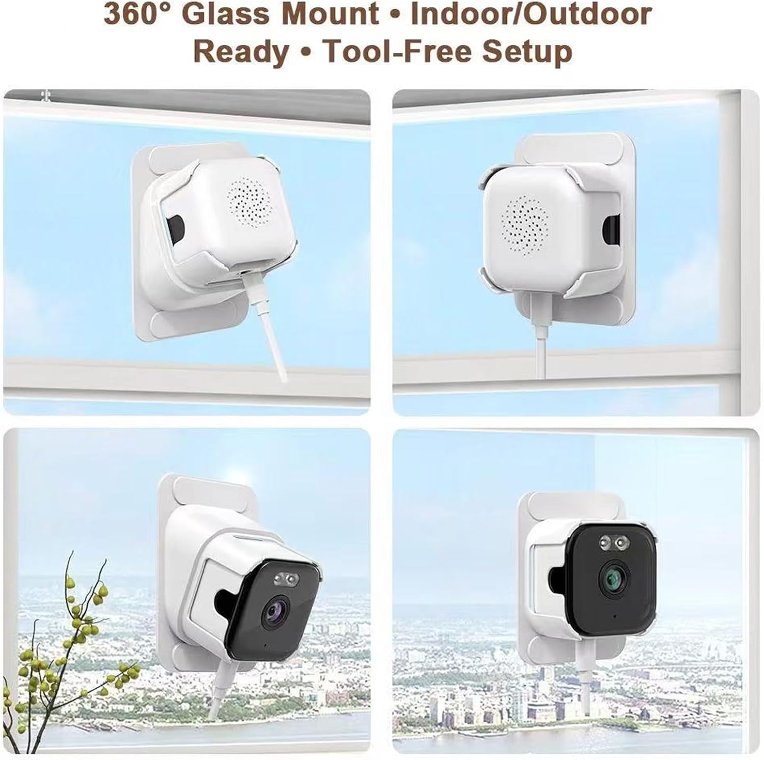 Four images showing the PUSOKEI 2K AI Window Camera mounted on a window at different angles, demonstrating its 360-degree glass mount and tool-free setup.